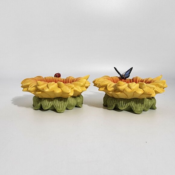 Sunflower Shaped Ceramic Candle Holders With Ladybug Butterfly Accents Partylite - Picture 2 of 11